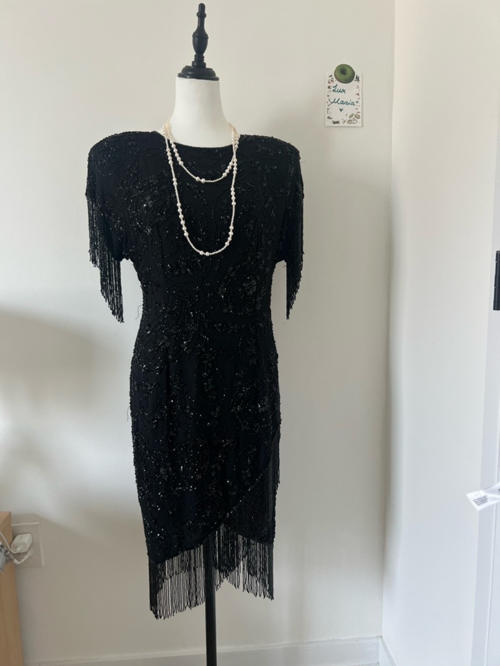 Vintage 70s Silk Oleg Cassini Black Beaded Fringe Sequin Dress Size 10  Flapper
